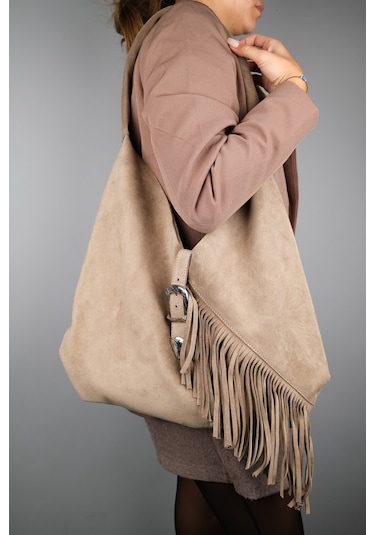 Rosalın Koyu Bej Hakiki Süet Deri Püsküllü Kadın Omuz Çantası Koyu Bej