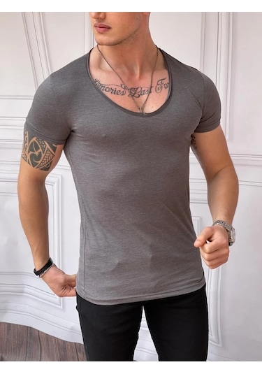 Modefendi Slim Fit Derin Açık Yaka Pamuklu Tshırt Gri