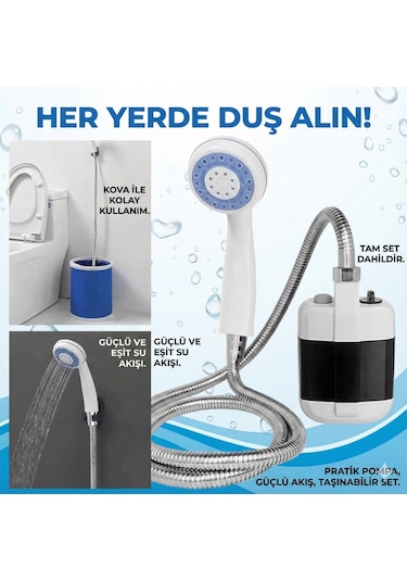 Taşınabilir Şarjlı Seyyar Duş Seti Pompa - Hortum - Duş Başlığı Renkli