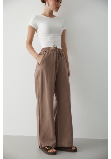 Sütlü Kahve Beli Lastikli Bol Paça Pantolon - 2813 Sütlü Kahve