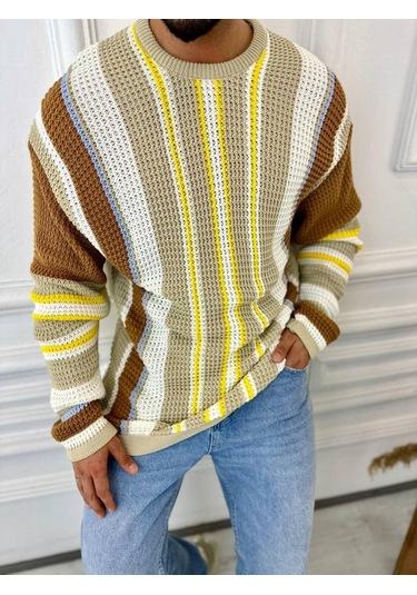 Kazak Oversize Renkli Örgü Desenli Naturel Pamuk Bol Kesim Salaş Triko Kazak Kahverengi