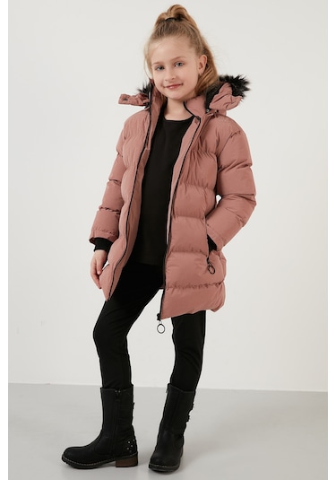Lela Yakası Suni Kürklü Peluş Astarlı Çıkarılabilir Kapüşonlu Dar Kesim Kışlık Kız Çocuk Mont 5760002 Pudra