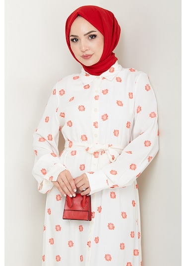 Anif Çiçek Desen Kemerli Elbise 1554 - Kırmızı Kırmızı