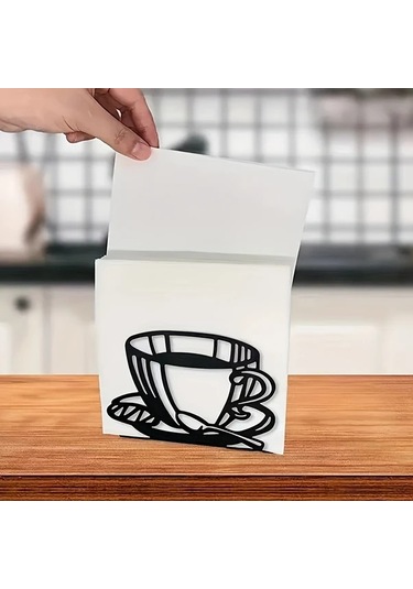 Xuweiwei Siyah Metal Peçete Tutucu - Kahve Fincanlı Dikey Masaüstü Mendil Klipsi Siyah