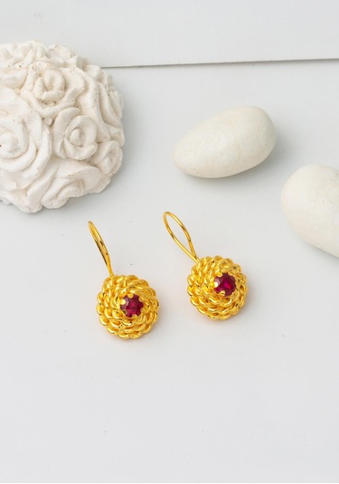 Bilezikci 22 Ayar Kırmızı Taşlı Gül Altın Küpe