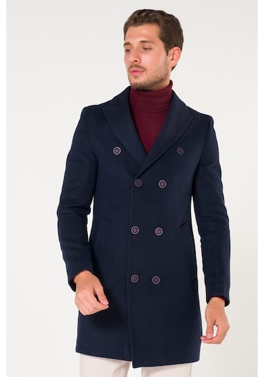 Erkek Kruvaze Lacivert Kışlık Slim Fit Kaşe Kaban-Lacivert