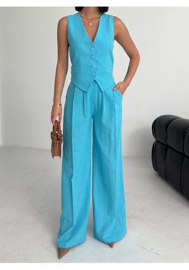 Keten Sirti Çapraz Geçi Şli Cepken Pantolon Takim Mavi