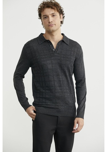 Polo Yaka Ekose Motifli Triko Kazak - Antrasit Antrasit