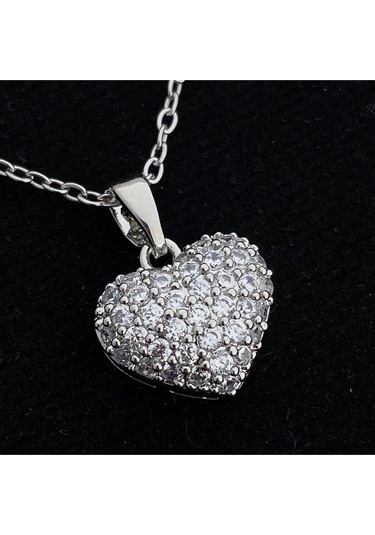 Kalp Kolye Full Zirkon Taşlı Kalp Kadın Kolye 45cm Silver