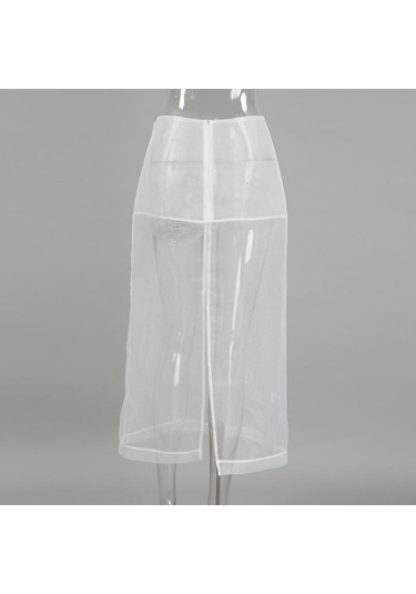 Seksi Şeffaf File Etek Kadın Beyaz Yüksek Bel Yırtmaçlı Bol Uzun Etekler Sonbahar Sokak Modası Kulüp Parti Eteği Kadın Beyaz