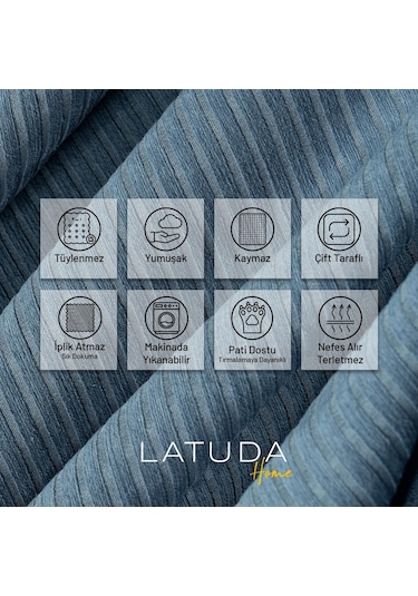 Mikrofiber Şönil Fitilli Minimalist Tekli Koltuk Örtüsü - 110x175 Cm,2 Adet Çift Taraflı, Kaymaz, Terletmez Mavi Mavi