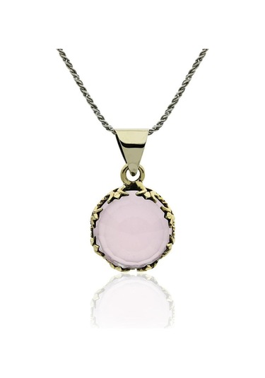 Pembe Kuvars Taşlı Lale Motifli Otantik Gümüş Kadın Kolye