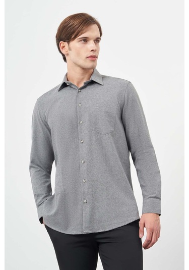 Füme Uzun Kol Düz Gabardin Sert Yaka Cepli Pamuklu Classic Comfort Fit Gömlek 1004245168 Füme