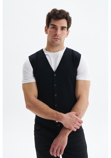 Arma Erkek Slim Fit Basic %100 Pamuk Triko Yelek K9kro0853 Siyah