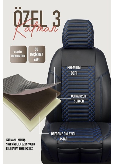 B M W 5 Serisi 520 Deri Oto Koltuk Kılıfı Ön Arka Takım Siyah Mavi Exclusıve Model Scr