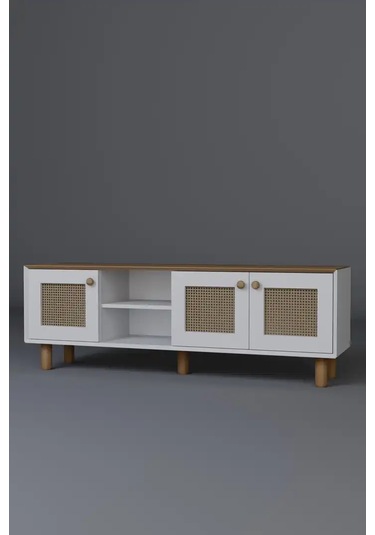 Bohem Serisi Garden Meşe - Beyaz Pvc Hasır Desen Tv Ünitesi Açık Ceviz & Beyaz