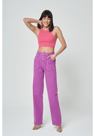 Diana Açık Mor Aplike Cep Detaylı Yüksek Bel Dad Straight Fit Fermuarlı Jean Pantolon C 4517-050 Açık Mor