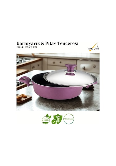 28 Cm Granit Karnıyarık & Pilav Tenceresi Çelik Kapak - Mürdüm Mürdüm