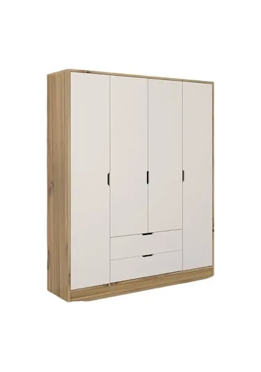 Nisan Açık Ceviz-beyaz 140 Cm 4 Kapılı 2 Çekmeceli Elbise Dolabı - Gardırop Açık Ceviz & Beyaz