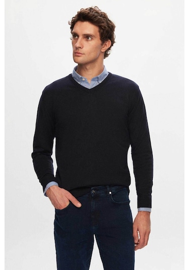 D's Damat Ds Damat Regular Fit Lacivert Düz V Yaka Triko Kazak 5HF06ORT12003 Lacivert