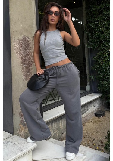 Füme Geniş Paça Basic Kadın Eşofman Altı Mg2553 Füme