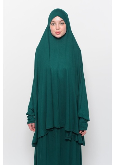 Pratik 2 Parça Pamuklu Yarasa Kollu Başörtülü Tesettür Namaz Elbisesi Yeşil Antrasit