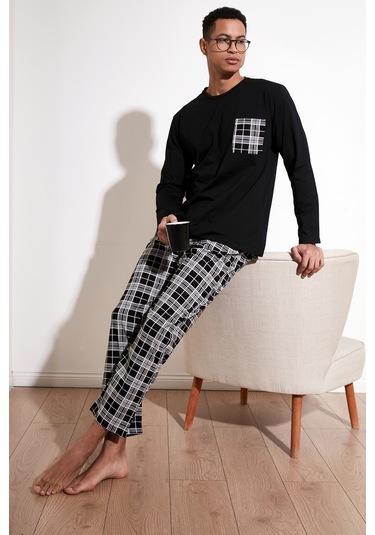 Buratti Ekoseli Cepli Beli Lastikli % 100 Pamuk Regular Fit Erkek Pijama Takımı 6572001 Siyah-Beyaz