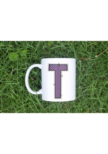 T Harfi Mor Puantiyeli Kupa Bardak - Polka Dot Tasarım Kahve Çay Bardak - Kişiye Özel Hediyelik Beyaz