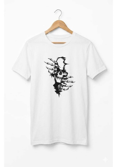 Erkek Pamuklu Rahat Kalıp Kurukafa Baskılı T-shirt Beyaz