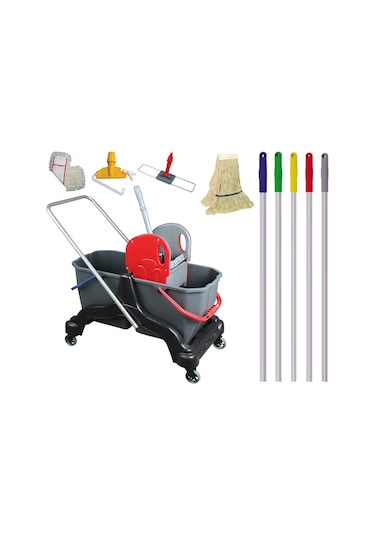 Safell Çift Kovalı Temizlik Arabası - Plastik Paspas Arabası Presli 20 L