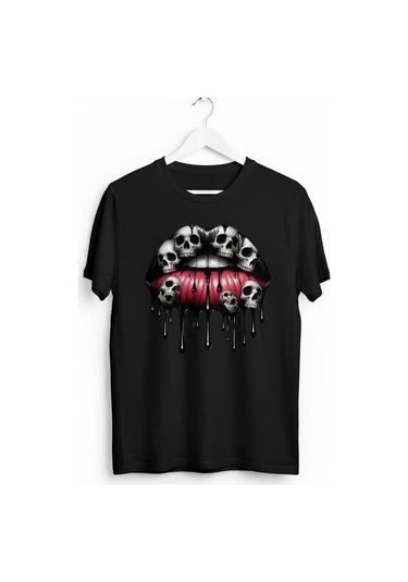 Kadın Kuru Kafa Dudak Baskılı Pamuklu T-shirt Siyah