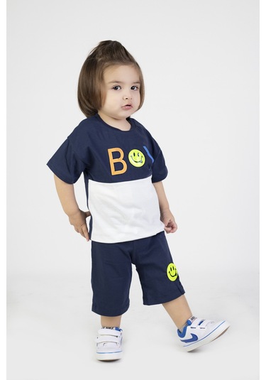 Erkek Bebek Şortlu Kısa Kollu Boys Desen Baskılı Yazlık Basic Alt-üst Takım 6-24 Ay Lacivert