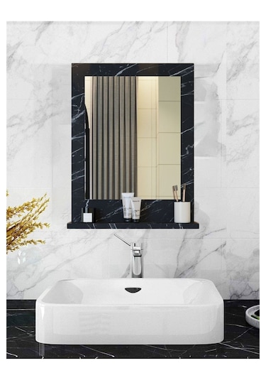 Safir Stil 60x45 Siyah Raflı Banyo Aynası Siyah