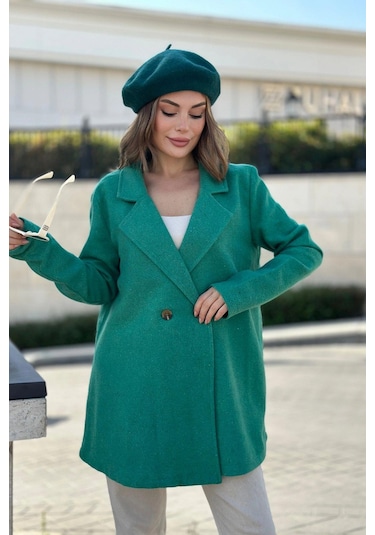 Kadın Yeşil Astarlı, Kruvaze Ceket Yaka, Tek Düğme, Rahat Kalıp, Fitilli Kaşe Kumaş Kaban Yeşil