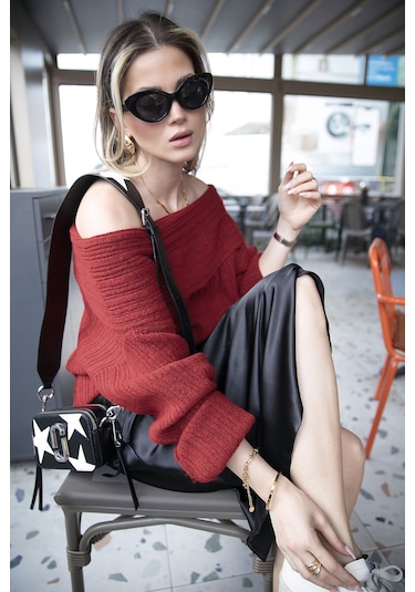 Lela Oversize Fit Madonna Yaka Triko Bayan Kazak 4615216 Kırmızı