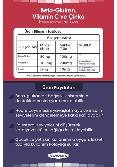 Nowdix Beta Glukan Vitamin C Çinko Şurup 150 ML