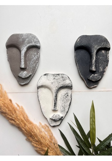 El Yapımı Taş Heykel Soyut Yüz Maske 3'li Set, Modern Beton, Eskitme Taş Görünümlü Duvar Dekor