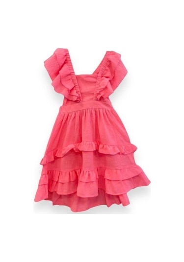 Kız Çocuk Askılı Dokuma Sırtı Açık Elbise-13744 Neon Pembe
