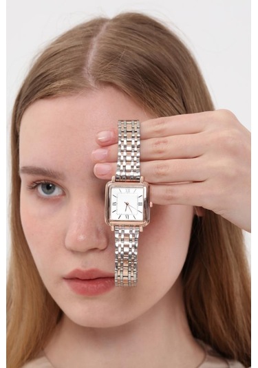 Daisy Rose Gümüş Kordon Kare Kasa Roma Rakam Kadın Kol Saat Rose Gold