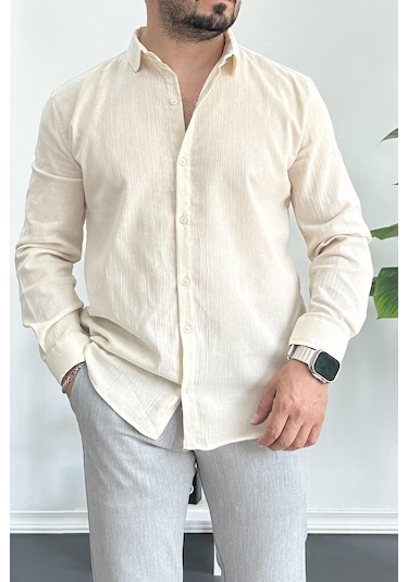 Erkek Krinkıl Kumaş Gömlek Krem Edw362 Krem