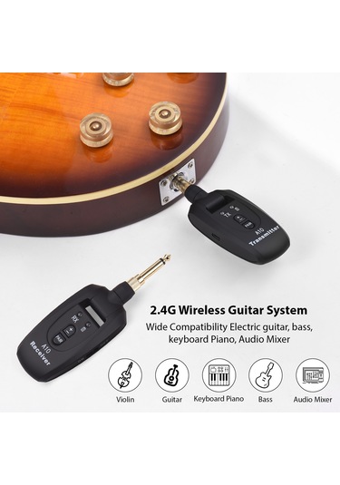 Yunboo Gitar Kablosuz Aktarım Sistemi 2.4ghz - 50m Mesafe, 15ms Gecikme, Şarj Edilebilir Pil, 4 Seviye Ses Ayarı, 3.5mm + 6.35mm Adaptörler