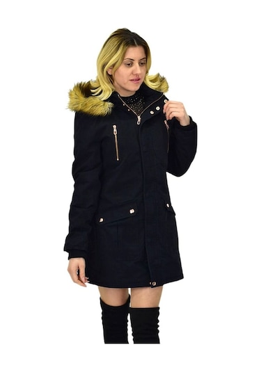 Büyük Beden Çıkarılabilir Kapüşonlu Kürk Astarlı Kadın Gabardin Kaban Siyah