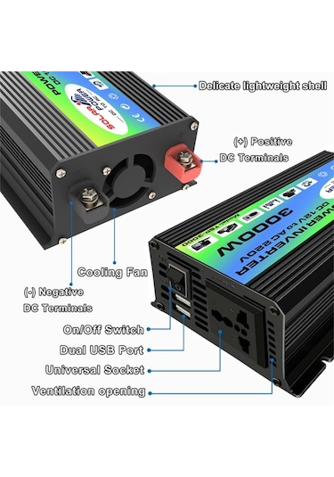 Sones Tang I Nesil 12v - 110v 3000w Çift Usb'li Akıllı Araç Güç Çeviricisi Siyah