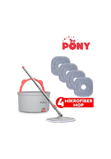 Pony Beyaz 4 Adet Mikrofiber Mop Temiz & Kirli Suyu Ayırma Özelliği Otomatik Temizlik Seti Paspas