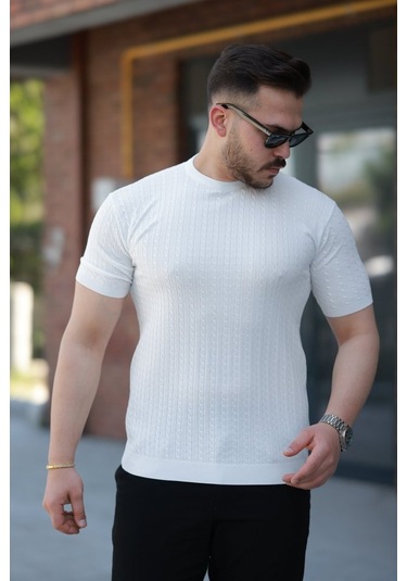 Erkek Bisiklet Yaka Örgü Desenli Kısa Örme Triko Kısa Kollu T-shirt Beyaz