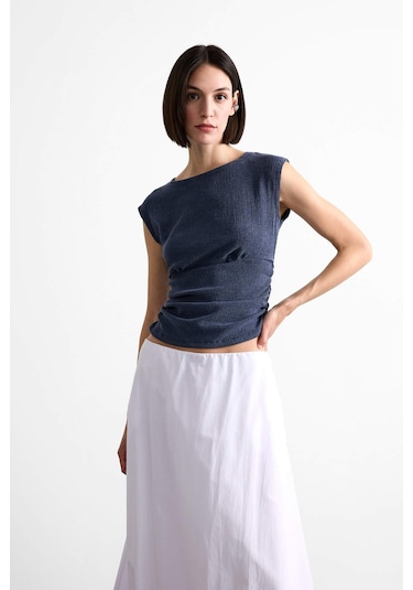 Defacto Yuvarlak Yaka Drapeli Basic Düz Bluz F7491ax25smnv135 Lacivert