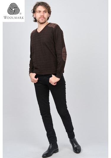 Desen Triko Erkek V Yaka Saf Yün Kazak 0246538 Kahverengi Kahverengi