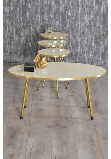 Zigon Sehpa Ve Orta Sehpa Elips Gold Metal Ayak Gold Krem Set