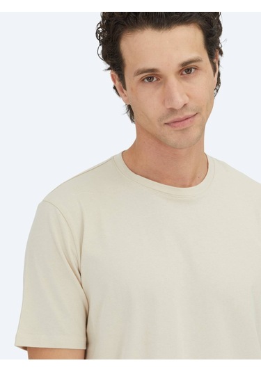 Bej Düz Bisiklet Yaka %100 Pamuk T-shirt Bej