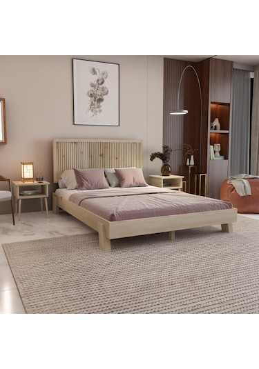 Alaz Model Vernikli Çam Ahşap Karyola Ve İki Komodin Set Dikey -296 140 x 190